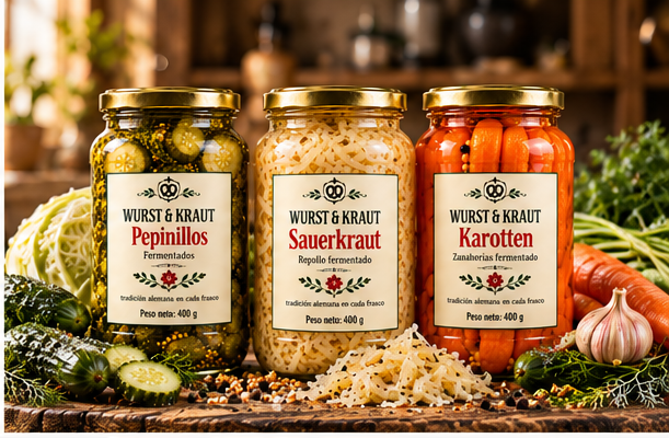 Frascos de Pepinillos, Sauerkraut y Karotten WURST und KRAUT