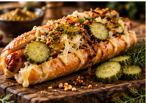 Hot dog con pepinillos encurtidos, cebolla caramelizada y mostaza